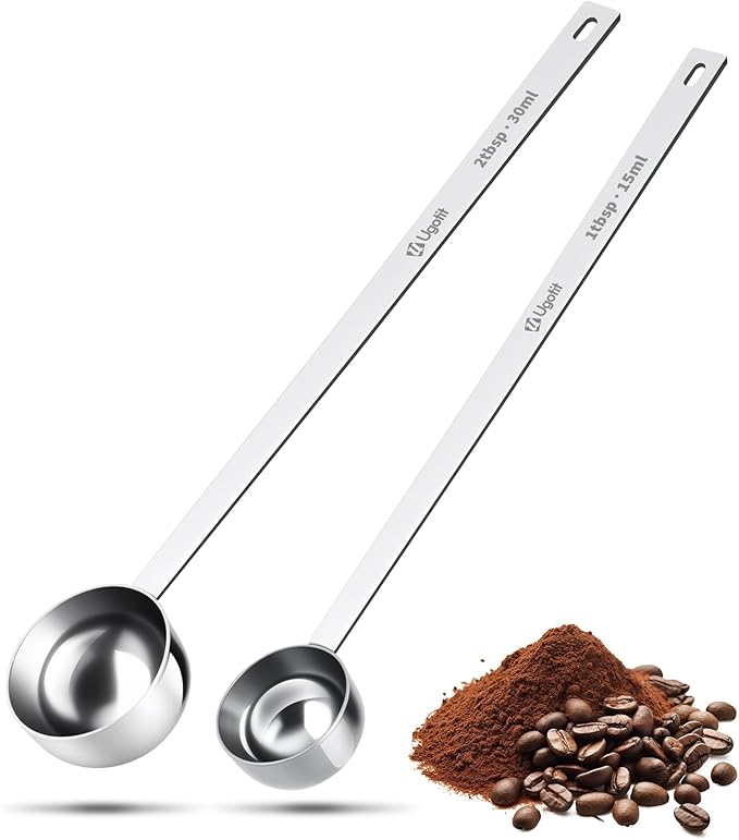 Ugotit 304 Stainless Steel Coffee Scoop, Long Handle Measuring Scoop for Ground Coffee, Engraved TBSP/ML, Dishwasher Safe (1 Tbsp & 2 Tbsp)