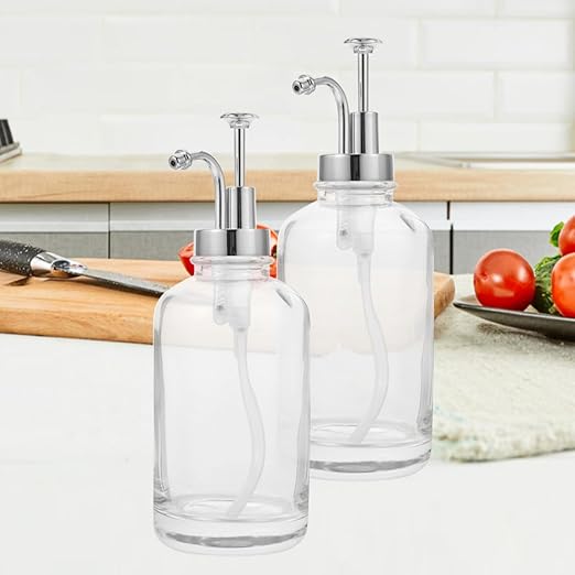 MUSISALY 2pcs Glass Syrup Pump Dispenser Bottles with Silver Pump Glass Coffee Syrup Pourer for Kitchen and Coffee Bar Multipurpose Condiment Dispensers Jam Honey
