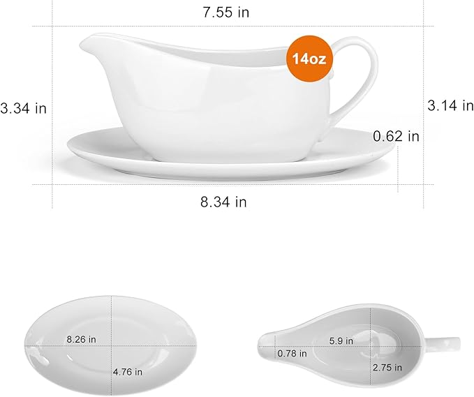 ShineMe Gravy Boat with Saucer, 14oz Porcelain Creamer Pitcher with Handle, White Serving Dishes for Holding Milk, Gravy, Sauce, Coffee Creamer, Salad Dressing...