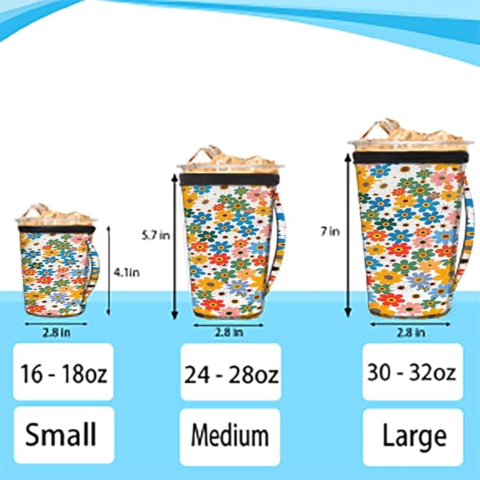 Reusable Iced Coffee Cup Sleeve Colorful Blooming Flowers Neoprene Insulated Sleeves Cup Holder with handle Idea for 30oz - 32oz