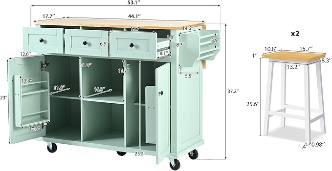 Rolling Kitchen Island with 2 Bar Stools, Drop Leaf, Cabinet Door Storage Racks & 3 Drawers, Mobile Kitchen Cart with Rubberwood Top & Locking Wheels for Dining Room & Kitchen, 53-Inch, Mint Green