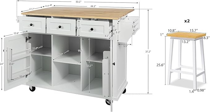 Yayzy Rolling Kitchen Island with 2 Bar Stools, Drop Leaf, Cabinet Door Storage Racks & 3 Drawers, Mobile Kitchen Cart with Rubberwood Top & Locking Wheels for Dining Room & Kitchen, 53-Inch, White