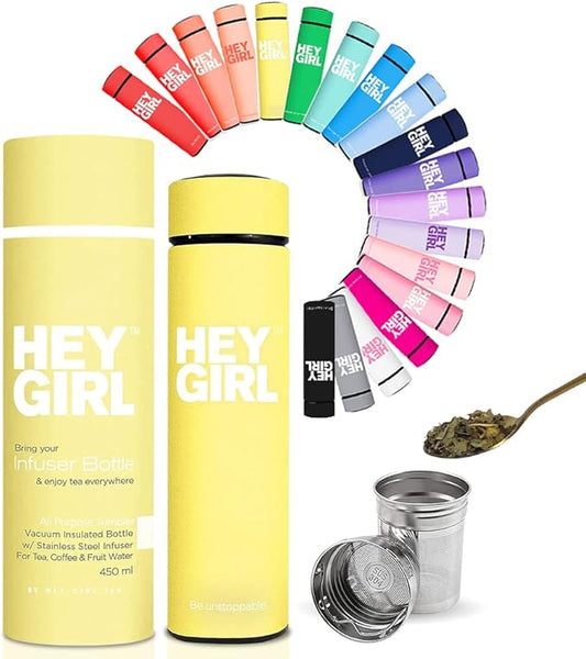 Hey Girl Tea Infuser Bottle 450ml - Insulated Stainless Steel Water Bottle - Tea Tumbler with Tea Diffuser - Portable Travel Mug for Loose Leaf Tea & Infused Water - Tea Lovers Gifts for Women