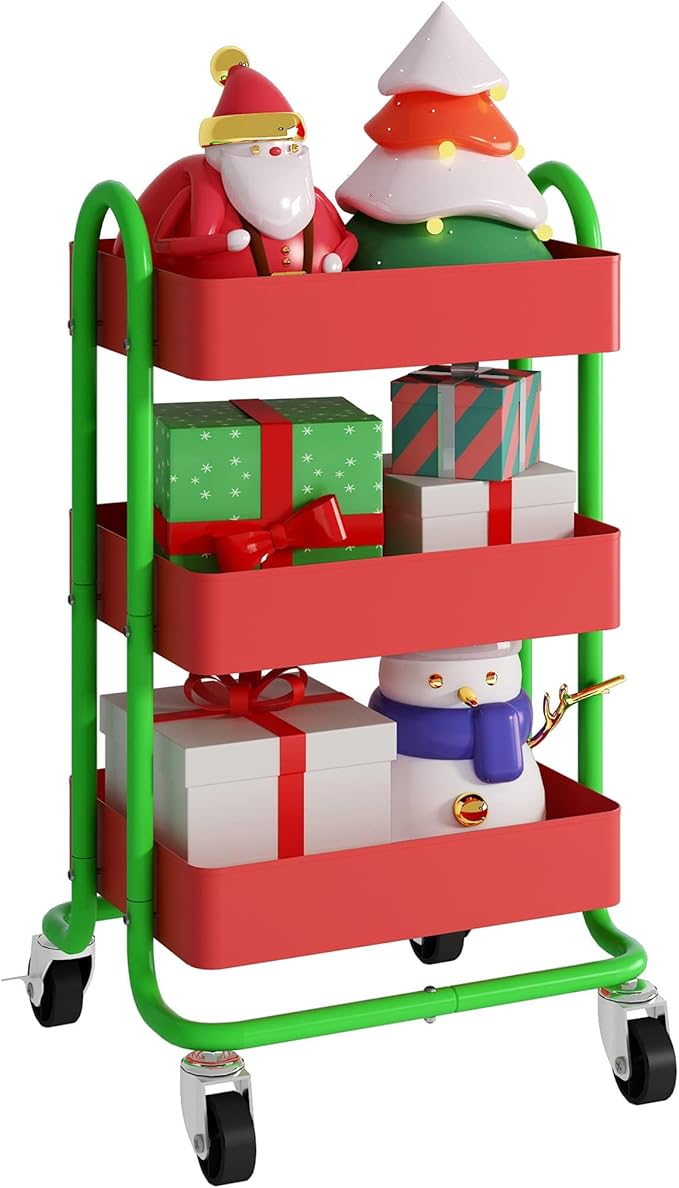 3-Tier Utility Rolling Cart,Kitchen Storage Carts with Wheels,Metal Rolling Cart for Office,Home,Kitchen,Garden（13.4"x18.1"x31"） Red+Green