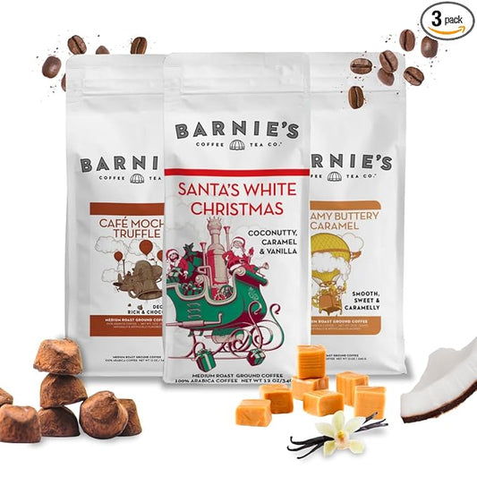 Barnie's Premium Flavor Coffee Trio with Santa's White Christmas, Creamy Buttery Caramel and Café Mocha Truffle, Medium Roasted Arabica Beans, 12 oz Bag (Pack of 3)