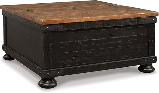 Signature Design by Ashley Valebeck Lift Top Coffee Table, Storage, Split-top Design, Wood, 36" W x 36" D x 18" H, 2-tone Distressed Brown & Black Finish