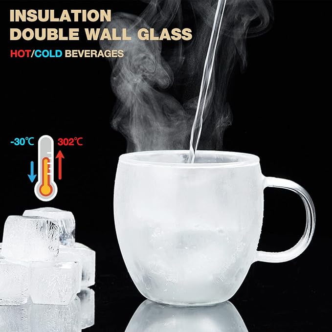 Mfacoy Double Wall Insulated Glasses Espresso Cups Set of 4 (50% Thicker), 5 oz Clear Coffee Cups with Handle, Shot Glasses, Suit for Espresso Machine, Latte, Cappuccino, Glass Coffee Mugs