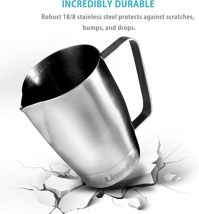 Milk Frothering Pitcher - LinsnField Pro-Grade Premium 304 S/S 30oz Stainless Steel Espresso Steaming Pitcher