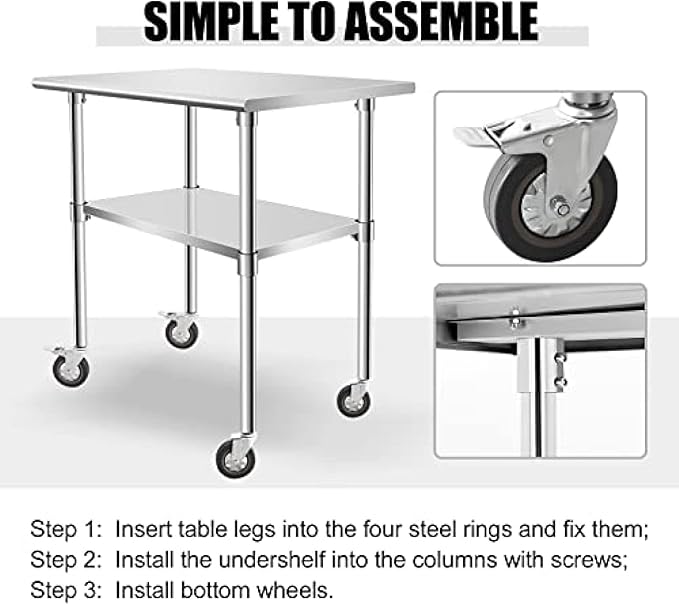 Stainless Steel Table - Metal Table Cart - Commercial Workbench with Caster Wheel - NSF Certified - for Restaurant, Warehouse, Home, Kitchen, Garage,36''x24''