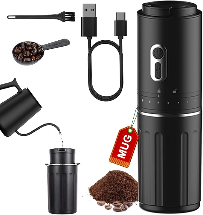 All-in-One Pour Over Coffee Maker Portable Electric Burr Coffee Grinder, Rechargeable Coffee Bean Grinder Conical Burr, Battery Powered Cordless Portable Coffee Maker for Travel, Camping, Car