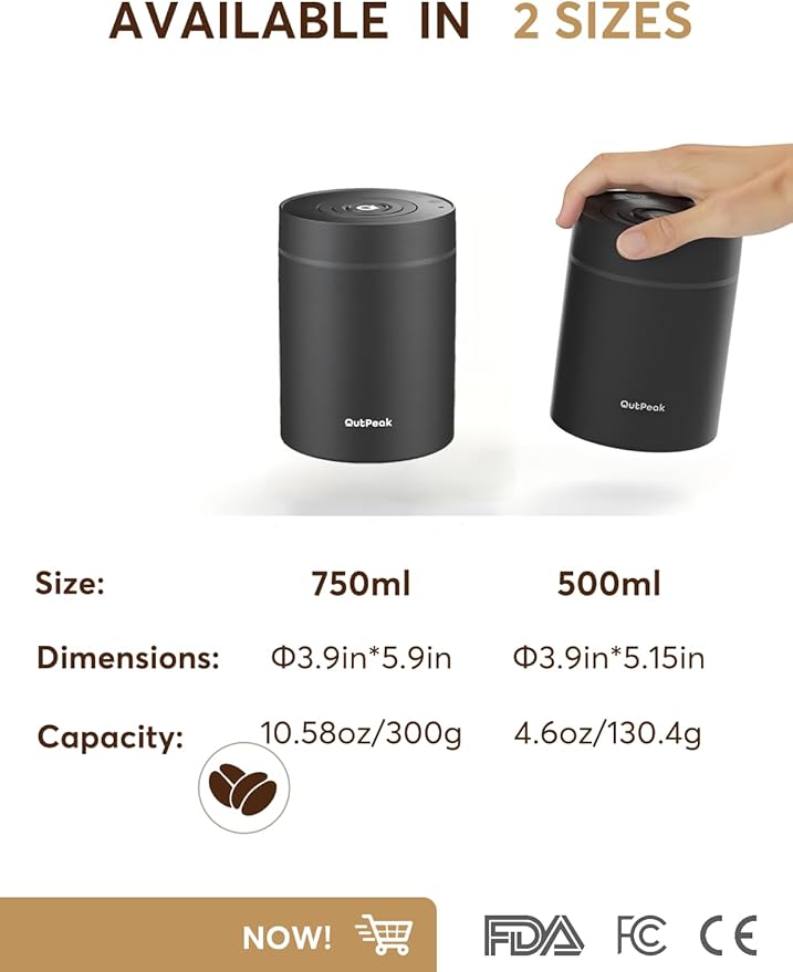 OUTPEAK Neo 2026 Auto Vacuum Coffee Canister, 0.75L Capacity for 8.8oz of Coffee Beans, One-Button Operation, Stainless Steel Food Storage Container with Scoop Black (Champion's Choice)