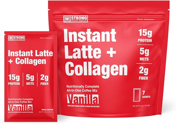 Strong Coffee Co. Vanilla Instant Latte Travel Pack | Organic Coffee with 15g Collagen Protein | Lion’s Mane & L-Theanine | Nootropic Instant Coffee | Instant Coffee Packets (7 Servings)