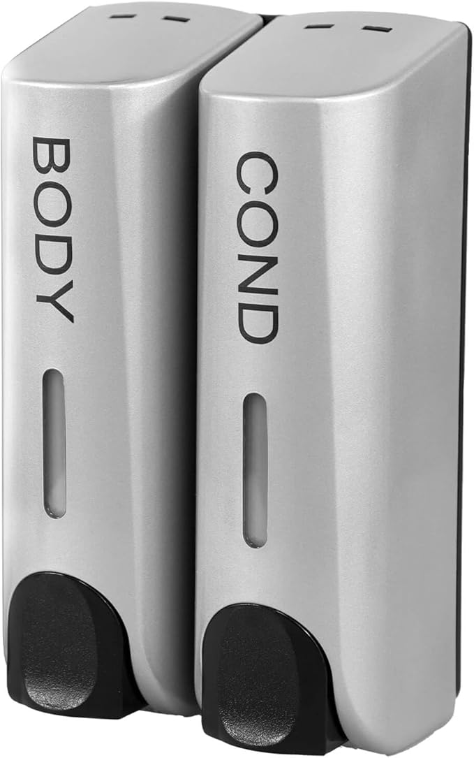 No Drill Shower Dispenser, 2-Chamber Wall Mounted Soap and Shampoo Dispenser for Bathroom, Refillable Liquid Organizer Holder for Shampoo, Body Wash, Lotion, 700ml(2x350ml) Capacity, Silver