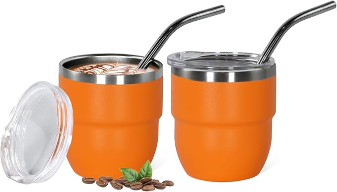 4oz Stackable Cup, Vacuum Insulated Espresso Cup Set of 2, Espresso Shot Glass for Coffee, Double Wall Stainless Steel Mini Tumbler Shot Glasses with Straw and Lid
