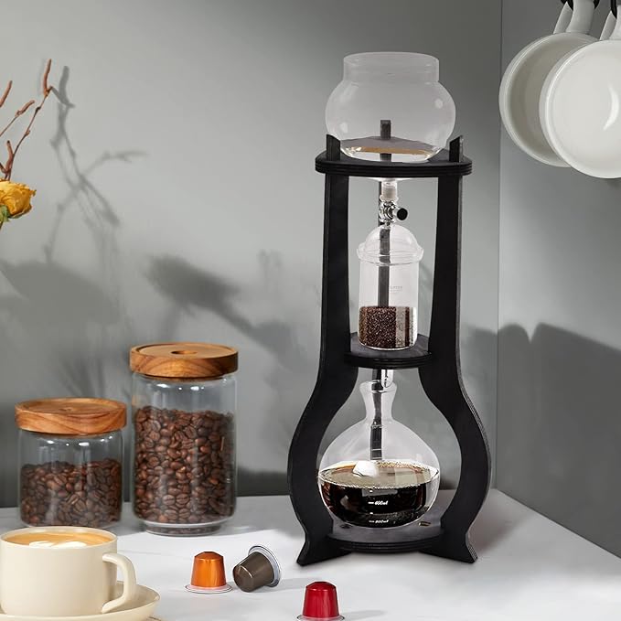 Tower Cold Brew Coffee Maker with Wood Tripod Stand, Adjustable Copper Drip Speed Valve, Ice Coffee Machine for Home, Coffee Shops, Cafes, Offices, Makes 6-8 Cups (Black)