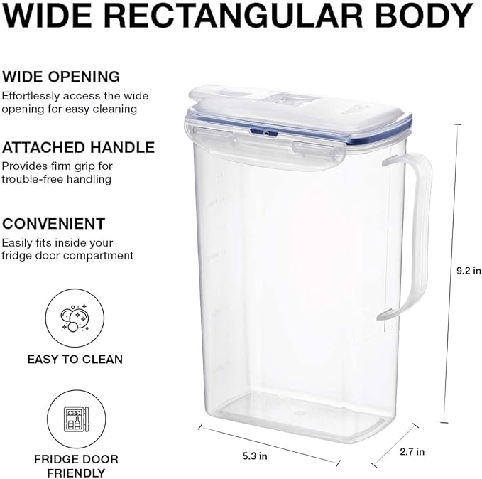 LocknLock Aqua Fridge Door Water Jug with Handle BPA Free Plastic Pitcher with Flip Top Lid Perfect for Making Teas and Juices, 2 Quarts, Clear