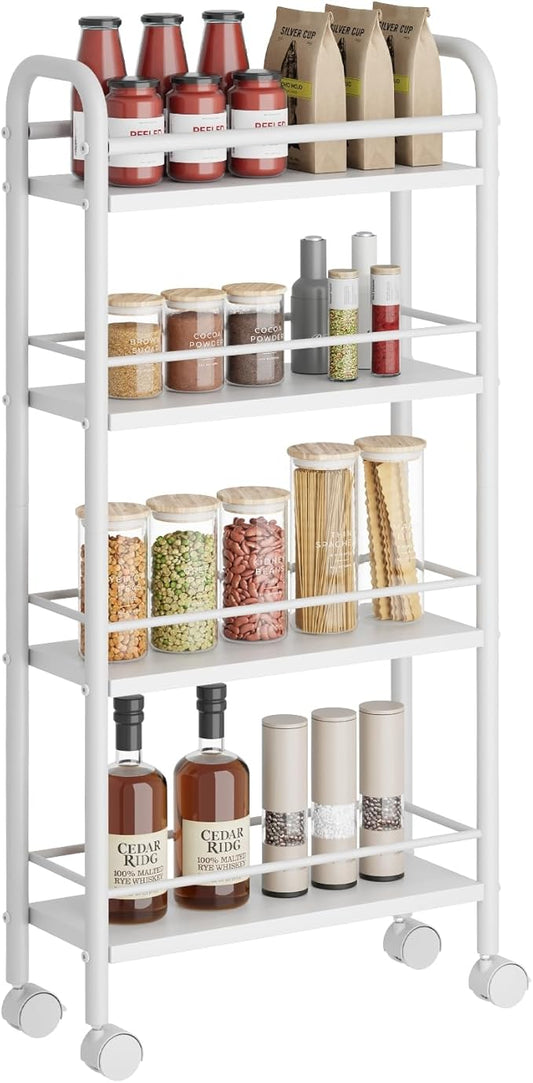 Slim Storage Cart, 4-Tier Small Rolling Cart with Wheels, 5.9" Deep, Narrow Bathroom Shelf Trolley for Kitchen, Bathroom, Laundry Room, White Standard 4-Tier (5.9" W x 33.6" H)