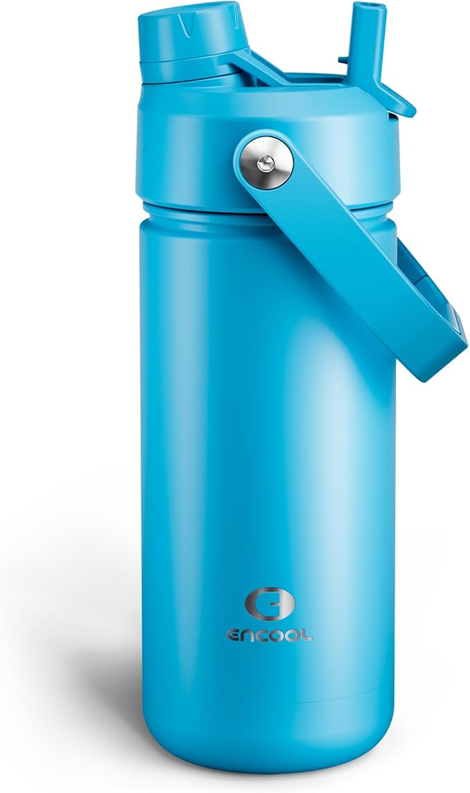 ENCOOL Insulated Water Bottle with Straw Stainless Steel Water Bottle, Leak-Proof, BPA-Free, Double Wall Vacuum Keeps Cold for 24 Hours for Sports, Travel, School (18 oz, Azure Blue)