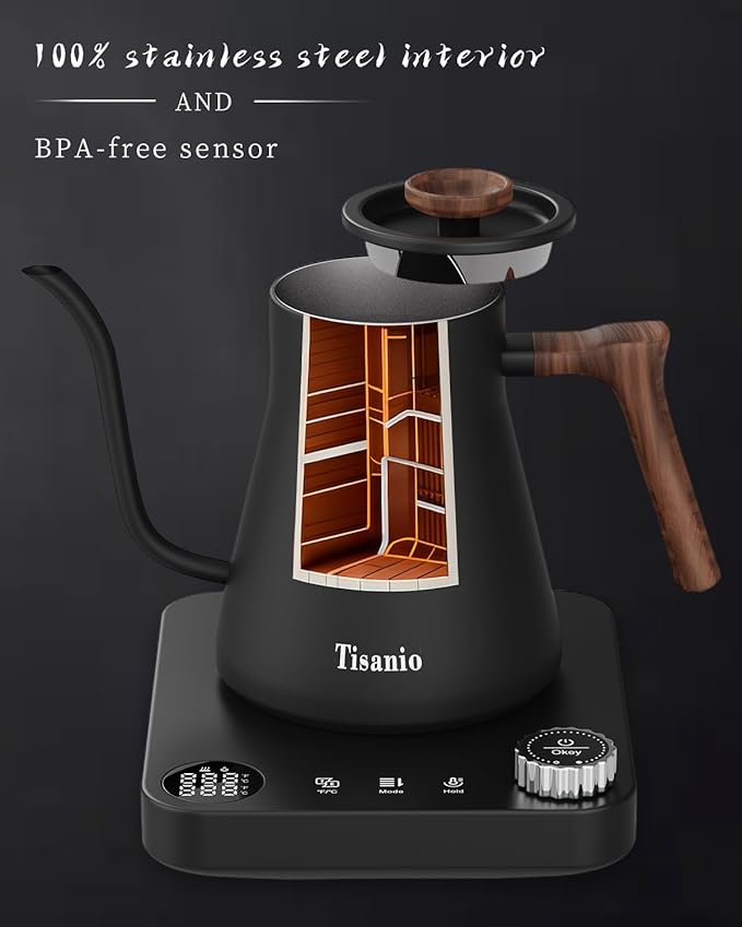 Gooseneck Electric Kettle with ±1°F Precise Temperature Control, Smart Two-Stage Heating, 304 Stainless Steel Interior, Fast Boil & 2-Hour Keep Warm, Pour Over Coffee & Tea, 0.9L,Wood Black