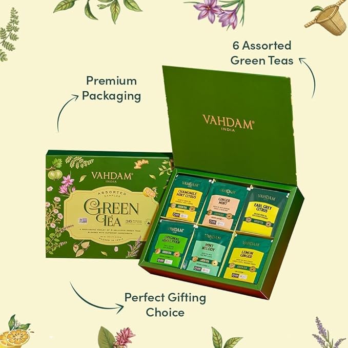 VAHDAM, Green Tea Variety Pack Sampler Assortment (36 Pyramid Tea Bags, 6 Flavor) | Non-GMO Project Verified Himalayan Green Tea with No Artificial Ingredients | Valentines Day Gifts for Him & Her