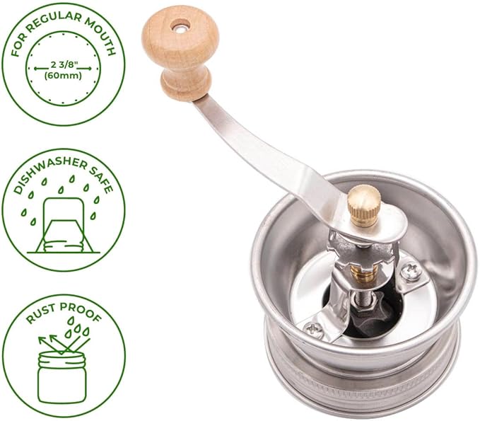 Mason Jar Lifestyle Coffee & Spice Grinder Lid for Regular Mouth Mason Jars – Manual Ceramic Grinder Attachment – Grind Spices or Coffee Directly into Jar