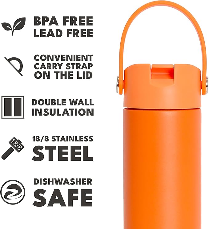 Elemental 24oz Insulated Water Bottle with Straw - 100% Leak-Proof Stainless Steel Core Water Bottles for Travel, Sports and Gym - Double Wall Insulation & BPA Free - Orange