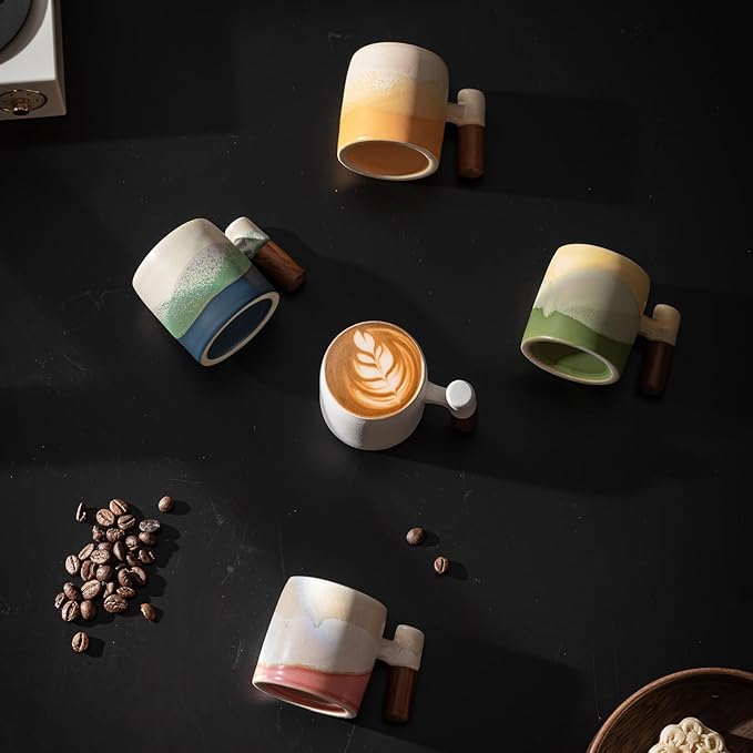 2-Oz Ceramic Espresso Cups with Wood Handle, 2/4-Piece Set for Coffee, Tea, Latte - Dishwasher Safe, Multi-Color & Wood Styles, Gift & Café Use (Kiln turning blue, Wooden Handle4)