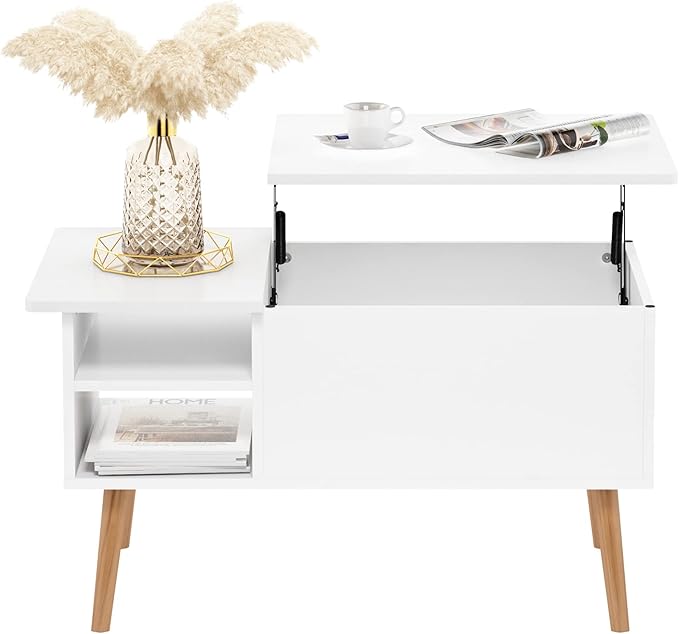 Furinno Jensen Living Room Wooden Leg Lift Top Coffee Table With Hidden Compartment and Side Open Storage Shelf, Solid White