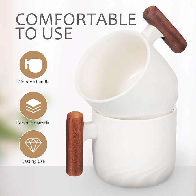 RUNROTOO Porcelain Ceramic Tea Cups, Espresso Cups Wooden Handle, Modern Demitasse, Microwave and Dishwasher Safe