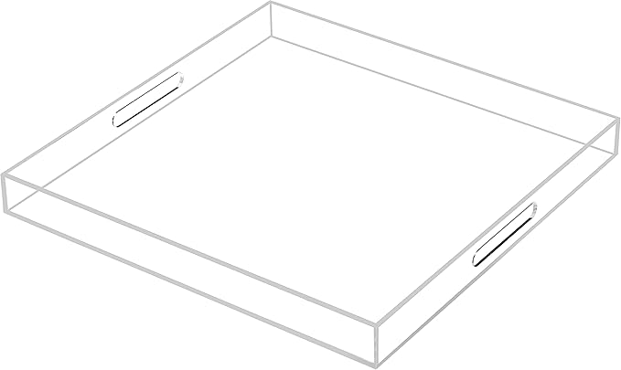 Large Clear Acrylic Serving Tray with Handles-19x19x2H Inch Big Size Spill Proof Tray for Ottoman,Coffee Table, Breakfast, Tea, Food, Butler -Safe Edge Organizer- Decorative