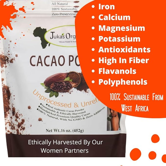 Cacao Powder By Juka's Organic Co. (Non-GMO, Gluten-Free, Unrefined, Authentic, All Natural From West Africa) 16oz (16)
