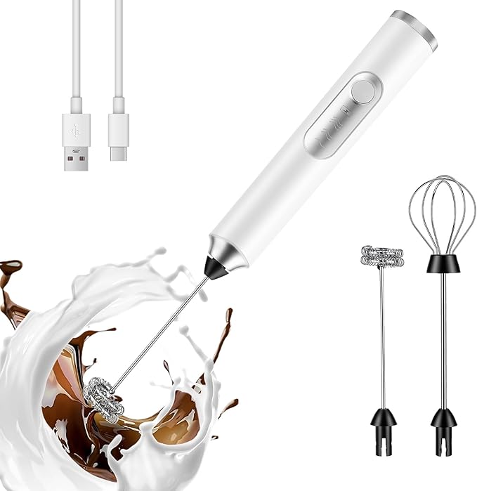 BEoffer Milk Frother Handheld Rechargeable 2000mAH Power Frother Wand Electric Foam Maker with 2 Stainless Whisks 3 Speeds Drink Mixer Coffee Frother for Latte, Cappuccino, Matcha, Hot Chocolate, Egg