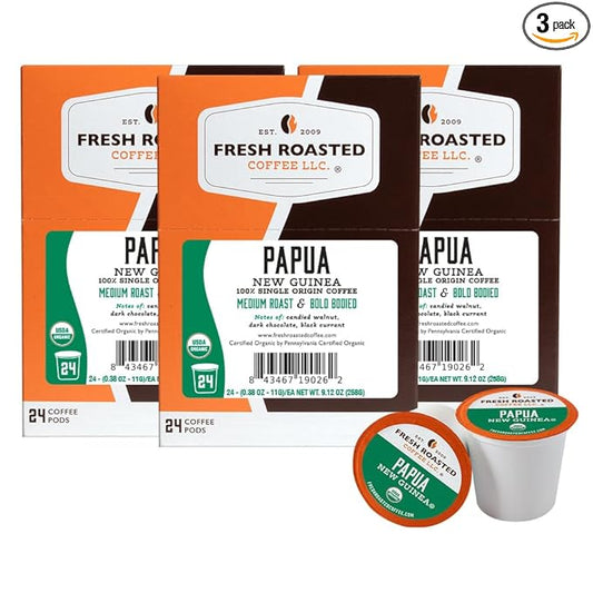 Fresh Roasted Coffee, Organic Papua New Guinea | USDA Organic, 100% Single Origin, Kosher | Medium Roast 72 Pods for K Cup Brewers
