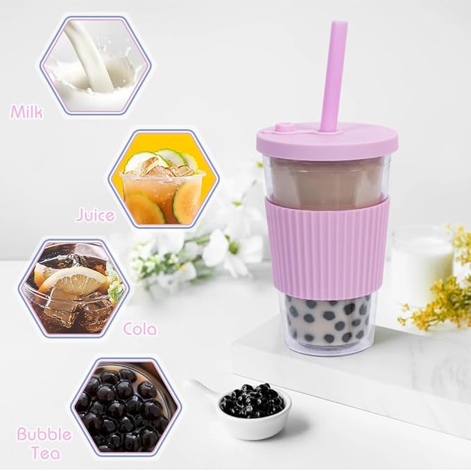 2 Pack Reusable Boba Cups, 17oz Iced Coffee With Straw and Lid, Leakproof Clear Plastic Tumbler, Double Wall Insulated Smoothie Cup, Pastel Violet and Cornflower Blue