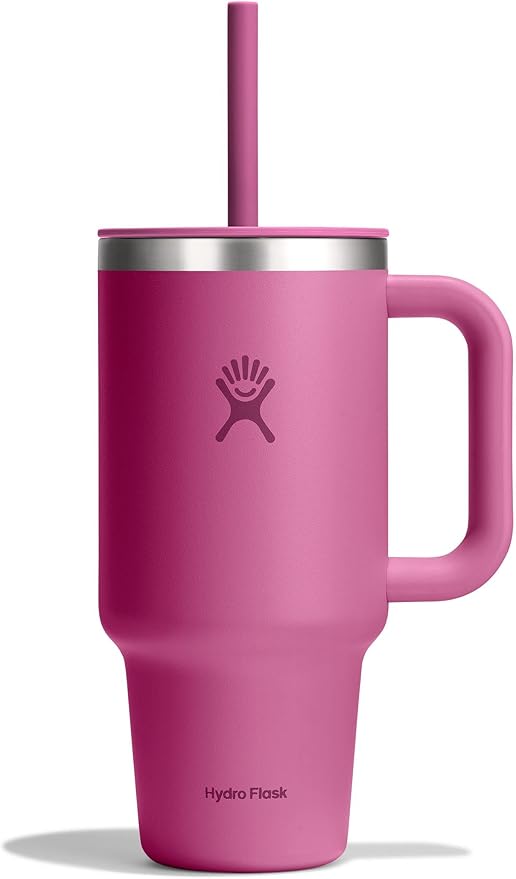 Hydro Flask Travel Tumbler with Handle, Lid and Straw - Insulated Stainless Steel in 32 Oz Reef Pink