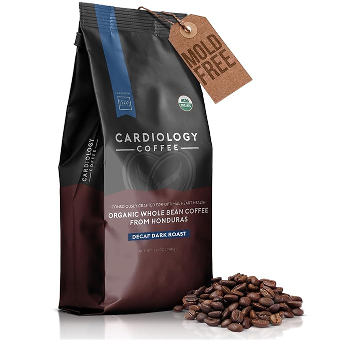 Cardiology Coffee – Decaf Coffee Beans – USDA Certified Organic, Mold Free 12oz Premium Whole Bean Coffee Dark Roast – Decaf Espresso Beans with Swiss Water Decaf and Antioxidant Benefits – Heart Healthy Lifestyle