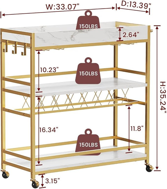 BON AUGURE Bar Cart for The Home, Rolling Home Bar Serving Cart on Wheels, 3 Tier Mobile Liquor Beverage Carts with Wine Rack and Glass Holder (Gold & Marbleized White)