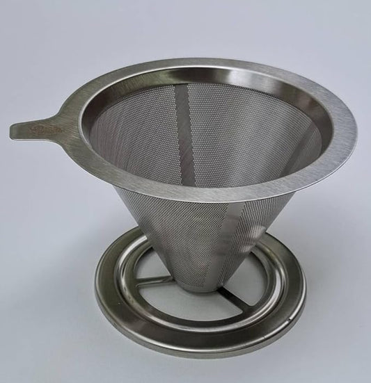 Stainless Steel Coffee Filter; 1-4 Cup, Double Wall Design with Stand, Fits Mugs & Carafes