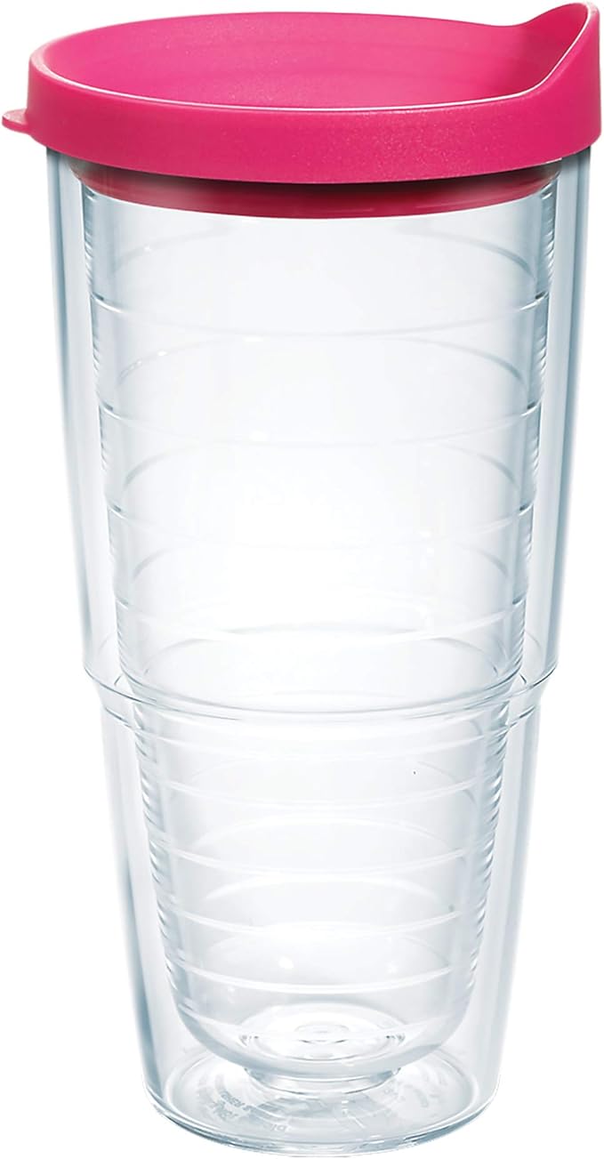 Tervis Clear & Colorful Lidded Made in USA Double Walled Insulated Tumbler Travel Cup Keeps Drinks Cold & Hot, 24oz, Fuchsia Lid