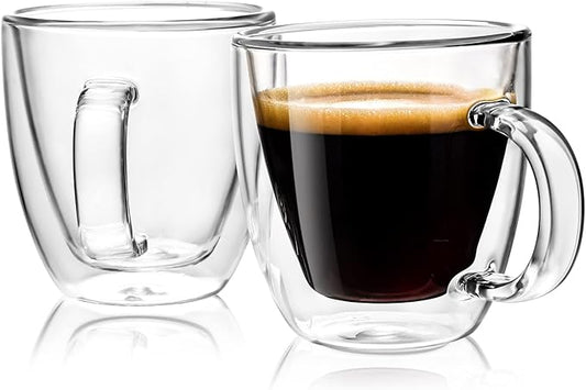 Double Wall Glass Coffee Mugs 5oz / 150ml, Set of 2 Insulated Mugs with Handles, Stylish Tazas de Cafe Con Estilo