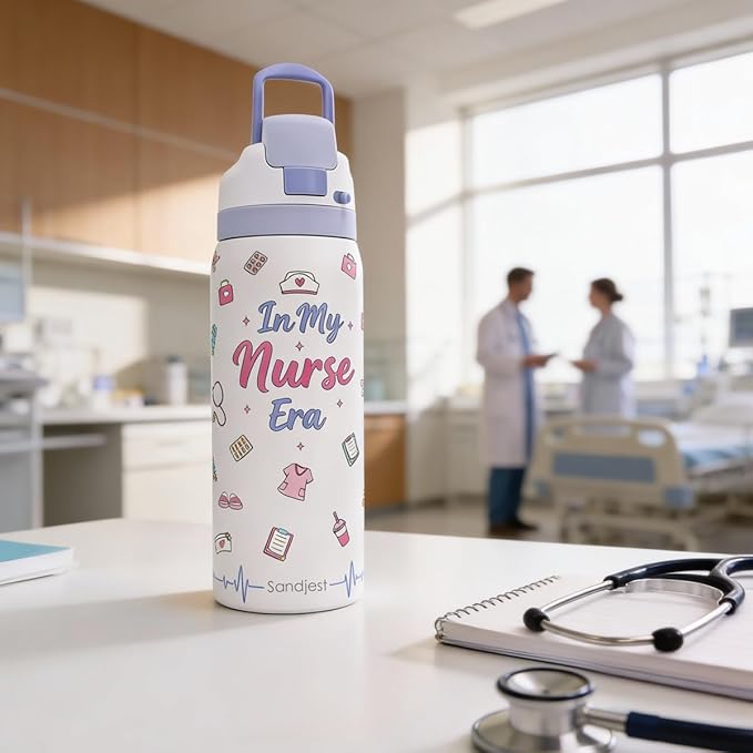 Nurse Stainless Steel Water Bottle, In My Nurse Era, Vacuum Insulated, Push-Button Lid, 32 oz, Gifts for Medical Students Women Girls Friends Teens Birthday Christmas