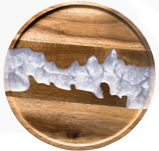 Comfify Visually Stunning Pearl White Resin + Acacia Wood Serving Tray - Modern Round 12" Serving Tray for Food, Breakfast in Bed, Coffee Table, Decor, Organization, Snacks, Patio, Lap Tray