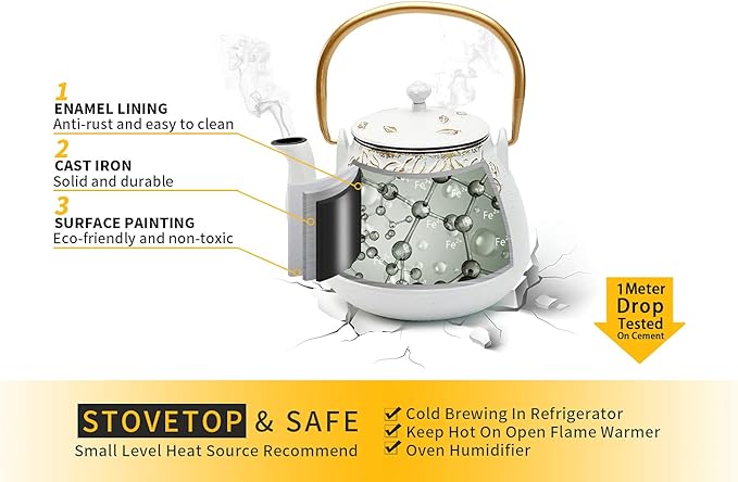 TOPTIER Japanese Cast Iron Tea Kettle with Infuser,Teapot Stovetop Safe, Leaf Design , Coated with Enameled Interior for 32 Ounce (950 ml), White