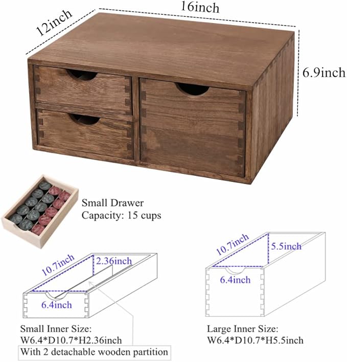 Coffee Pods Storage Drawer Holder for Capsules - Multi Functional Desk Organizer Drawers For K cups Coffee Maker Brew - Kitchen Mini Wooden Box Chest Sideboard Counter Organization CF2D3C Dark