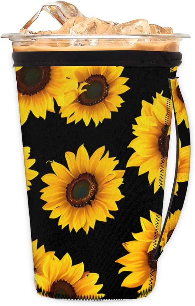 Sunflower Printed Reusable Insulator Coffee Sleeves for Drinks Beverages, Neoprene Holder with Handle for Most Coffee or Ice Drink, 16-18oz