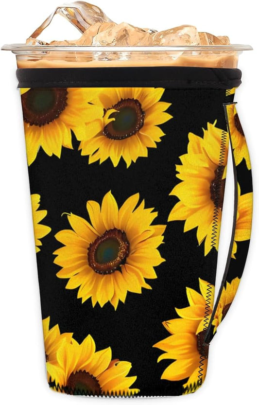 Sunflower Printed Reusable Insulator Coffee Sleeves for Drinks Beverages, Neoprene Holder with Handle for Most Coffee or Ice Drink, 16-18oz