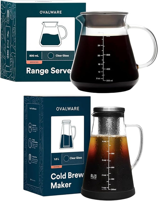 Glass Range Coffee Server For Pour Over Coffee & Tea - 800ml/27oz Ovalware with Airtight Cold Brew Iced Coffee Maker Pitcher and Tea Infuser