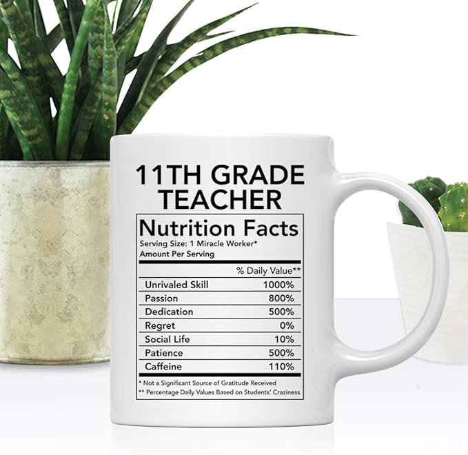 Andaz Press Funny 11oz. Ceramic Coffee Tea Mug Thank You Gift, 11th Grade Teacher Nutritional Facts, 1-Pack