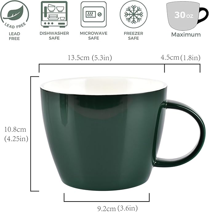 Large Coffee Cup, Huge Ceramic Mug 30 Ounce for Zippy Coffee Breaks in Office or Casual Breakfasts Soup Cereal Bowl at Home, Microwave and Dishwasher Safe, White Interior with Outer Glossy Green