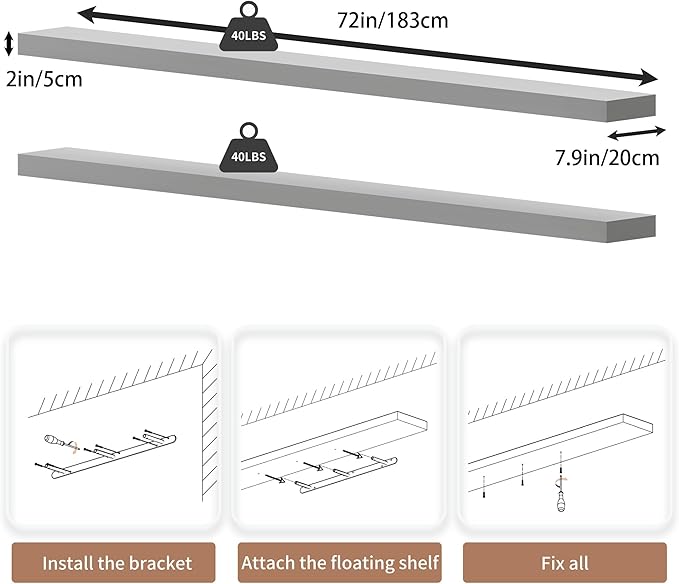 72 inch Long Floating Shelves for Wall,Solid Wood Long Shelves Set of 2,White Wooden Wall Mounted Shelf,Bookshelf Bathroom Shelves (White, 72 Inch)